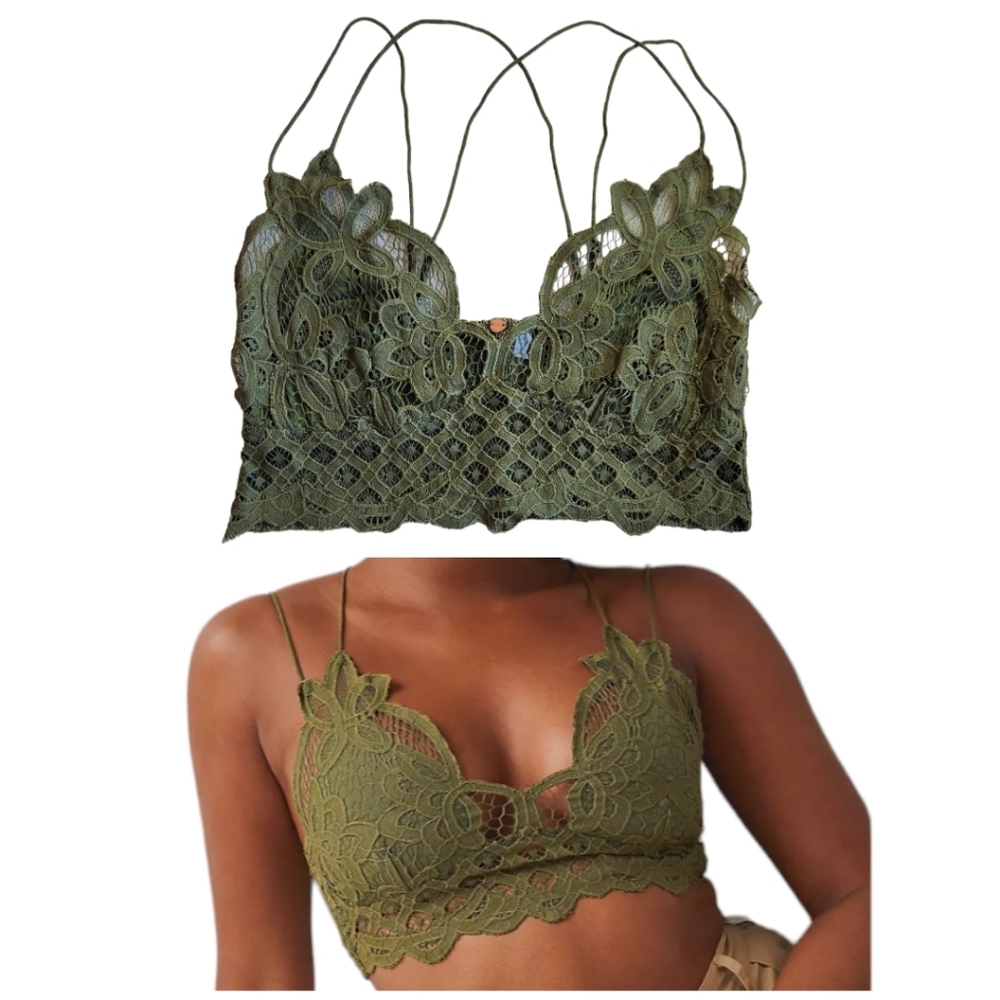 Free People One Adela Bralette Women's Size Extra Large Olive Green Lace